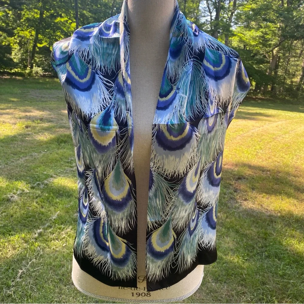 BROOKS BROTHERS SCARF BLACK BLUE WHITE SILK PREPPY PEACOCK FEATHER PATTERN